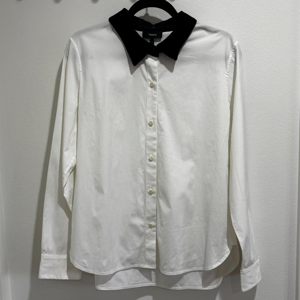 Theory Fancy White Button Down Shirt with Black Velvet Detachable Collar, Size L